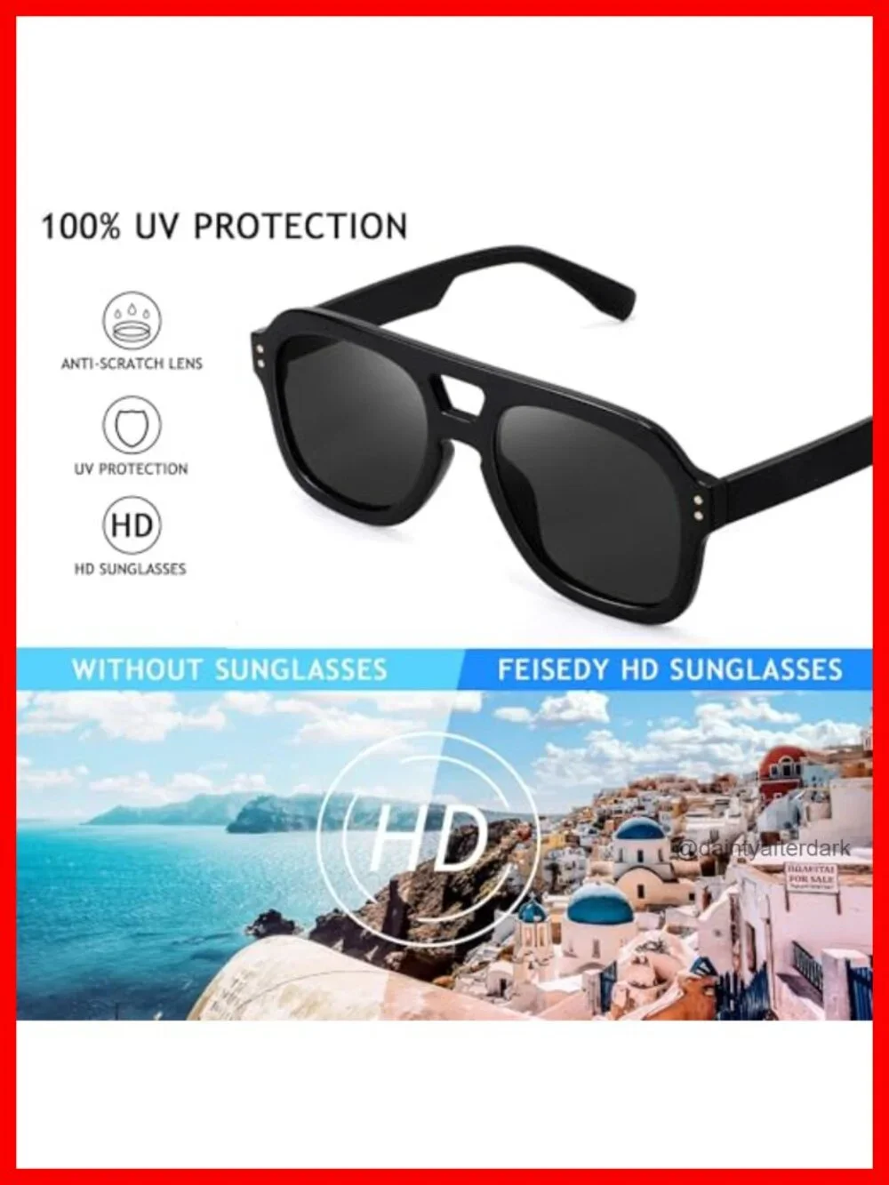 Vintage Aviator Sunglasses Double Bridge Large Square Thick Frame UV400
